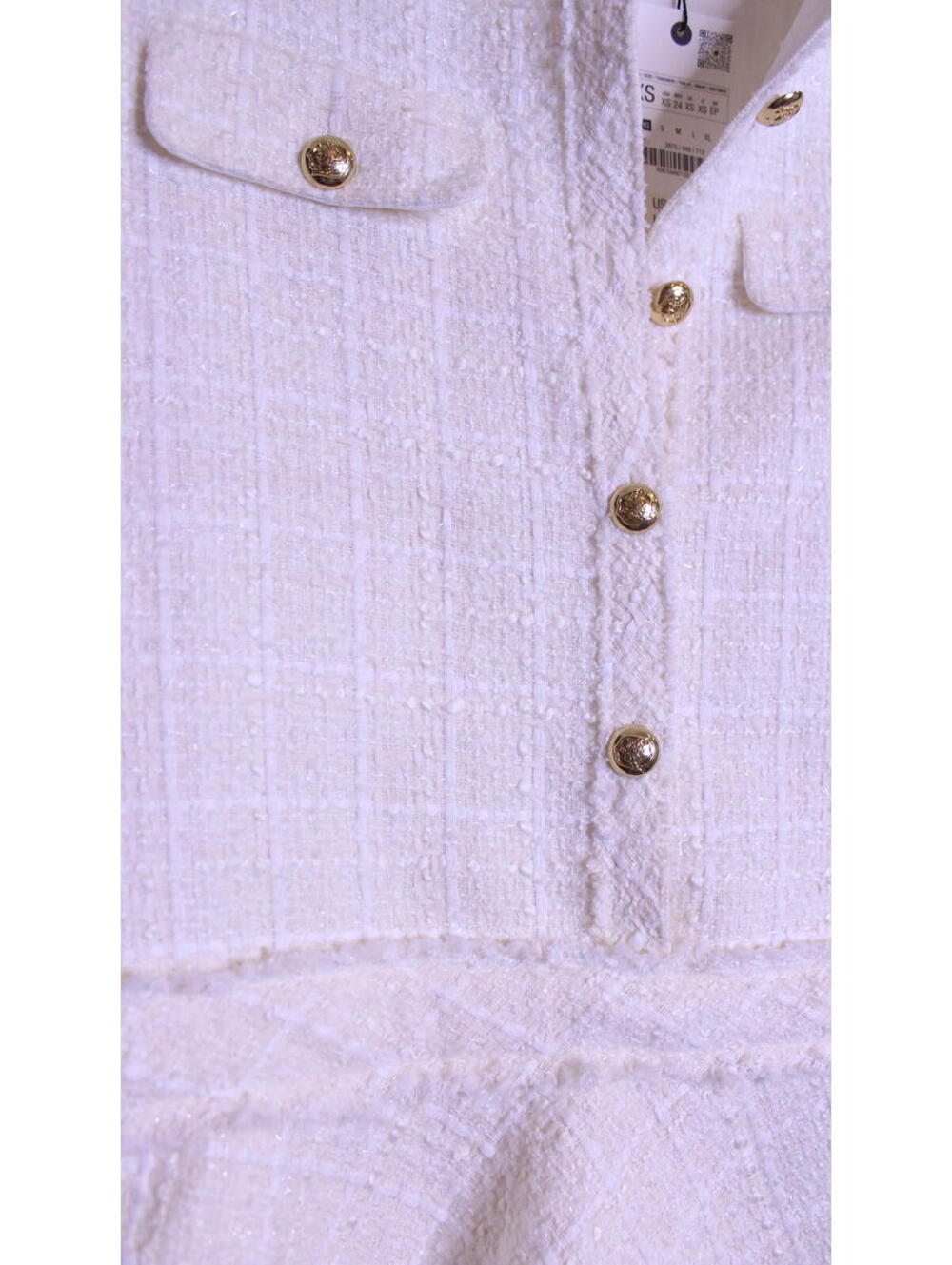 Zara White Textured Short Sleeve Tweed Dress with Gold Buttons - Picture 3 of 7